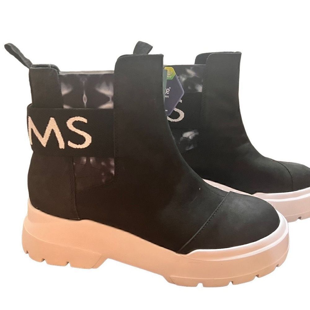 Toms Women's Black White Leather Pull-On Alpargata Combat Boots Shoes Size 8 NWT